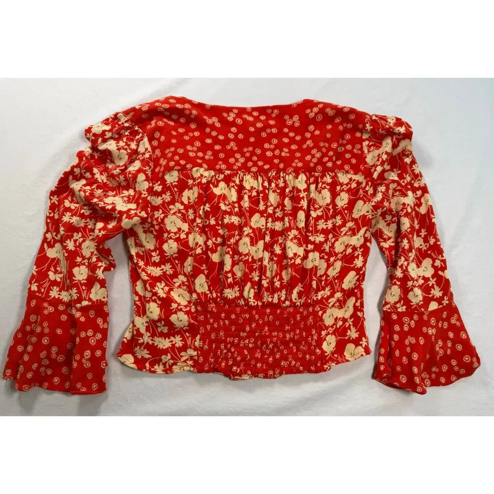 Free People Lady Bohemian Floral Button Front Top Red Size MEDIUM Cropped